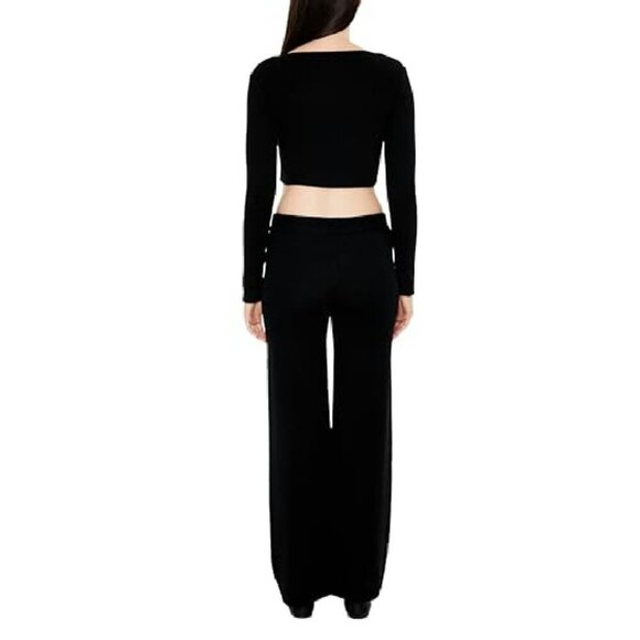 Sweater-Knit Wide-Leg Pants, Mid-Rise, Ribbed Trim, Size L - Picture 5 of 6